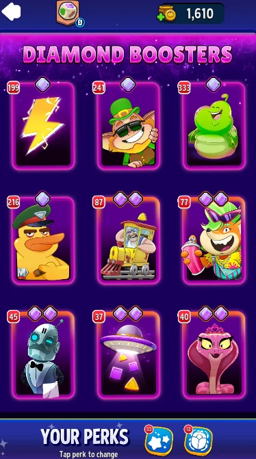 Match Masters Diamond Boosters screen with large booster counts such as 333, 241, 216 and 199 copies