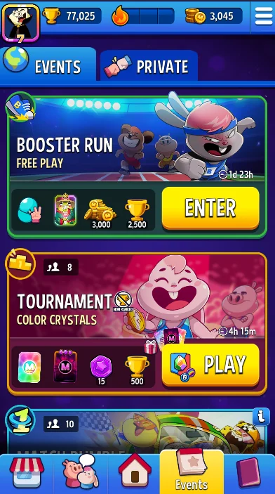 Match Masters Events tab with Booster Run and a non-ranked Color Crystals tournament, both showing trophies among their prizes