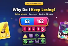 Match Masters match scoreboard at 63 to 162 in Round 5, a board with a ready 4-piece green match highlighted, and a Sweep It booster facing a Sweep It SE booster
