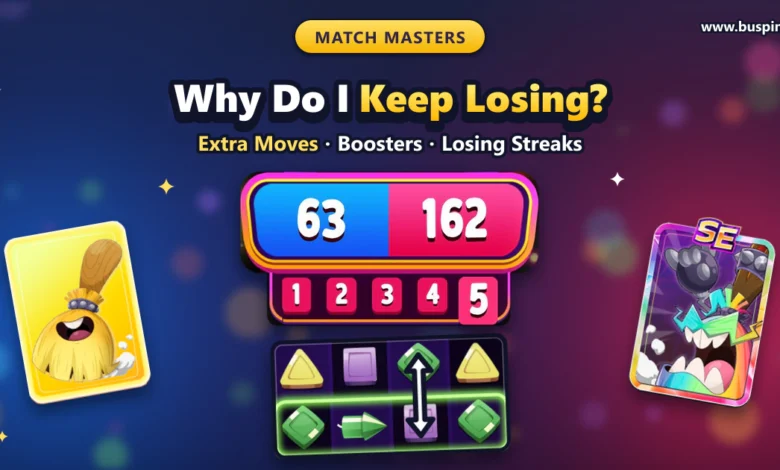 Match Masters match scoreboard at 63 to 162 in Round 5, a board with a ready 4-piece green match highlighted, and a Sweep It booster facing a Sweep It SE booster