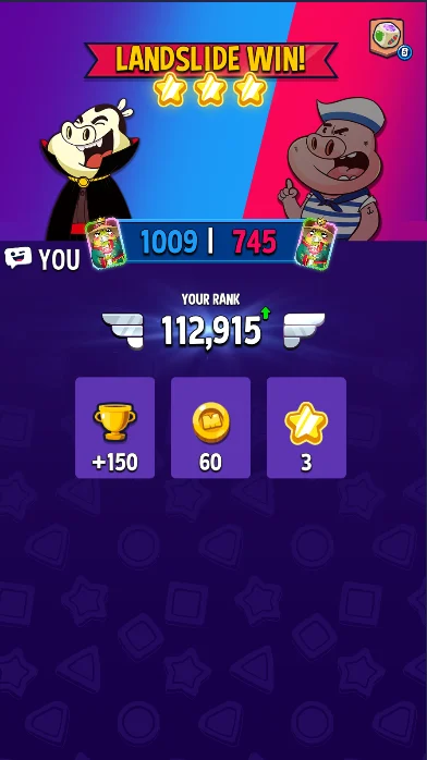 Match Masters LANDSLIDE WIN result screen with three stars, plus the trophies and coins earned