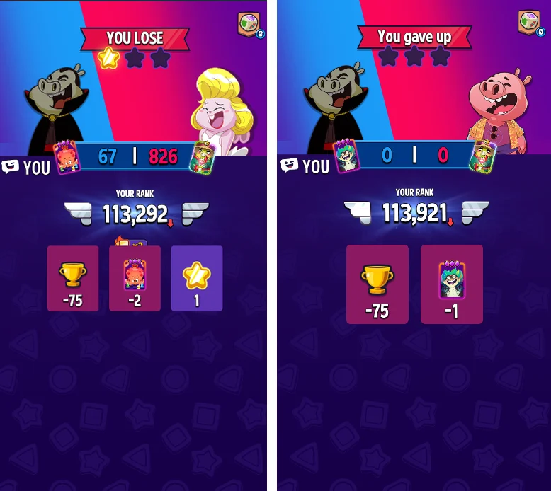 Match Masters result screens side by side: a normal loss with trophies lost and 1 star, and a match the player gave up with the same trophies lost and no stars