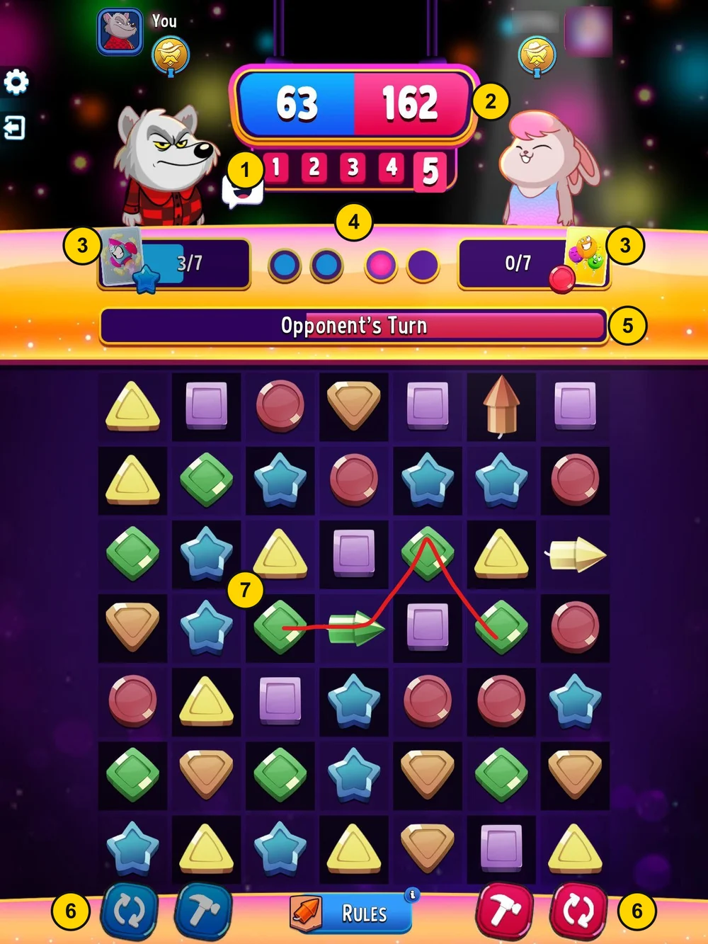 Match Masters match screen in Round 5 with numbered labels for the rounds, the 63 to 162 score, both booster bars, the moves left, the turn timer, both players' perks and a ready 4-piece green match