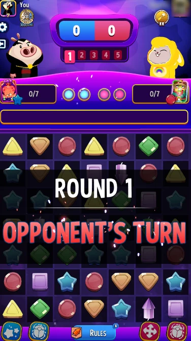 Match Masters match start with the ROUND 1 and OPPONENT'S TURN banner, a 0 to 0 score and both boosters at 0 of 7