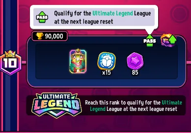 Match Masters Supreme Legend Rank 10 tile at 90,000 trophies with the PASS icon and the note: qualify for the Ultimate Legend League at the next league reset