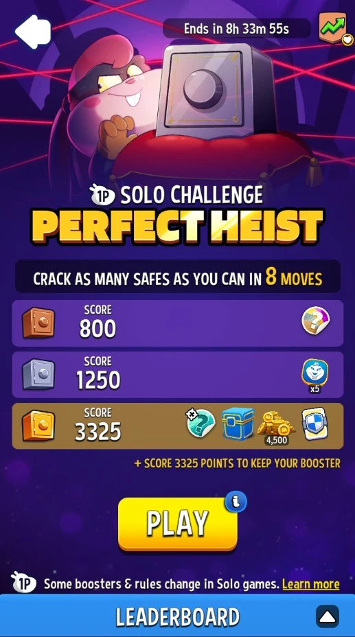 Match Masters Perfect Heist solo challenge screen with 8 moves, safes at 800, 1250 and 3325 points and the line + SCORE 3325 POINTS TO KEEP YOUR BOOSTER above the PLAY button