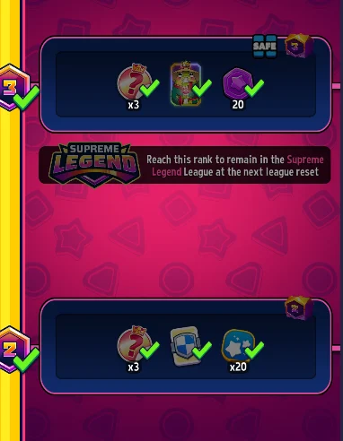 Match Masters Supreme Legend Rank 3 tile with the SAFE icon and the note: reach this rank to remain in the Supreme Legend League at the next league reset