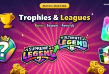 Match Masters Trophies & Leagues cover with the Supreme Legend 7 and Ultimate Legend logos, a green PASS arrow, a trophy, the All Stars sticker, a Legendary card, an SE box and coins