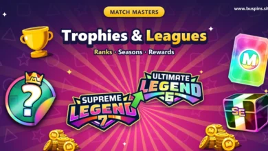 Match Masters Trophies & Leagues cover with the Supreme Legend 7 and Ultimate Legend logos, a green PASS arrow, a trophy, the All Stars sticker, a Legendary card, an SE box and coins