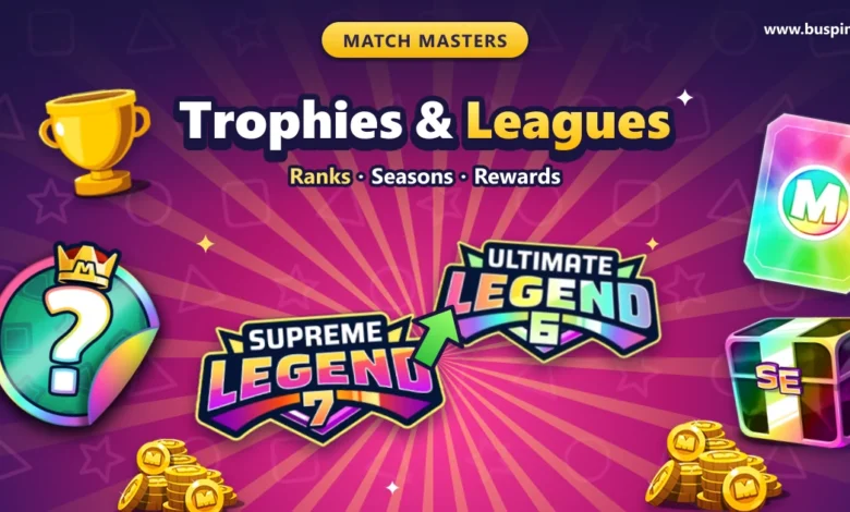 Match Masters Trophies & Leagues cover with the Supreme Legend 7 and Ultimate Legend logos, a green PASS arrow, a trophy, the All Stars sticker, a Legendary card, an SE box and coins