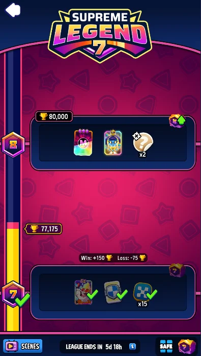 Match Masters trophy progression screen in Supreme Legend 7 with rank prizes, the trophies for a win and a loss, the LEAGUE ENDS IN countdown and the SAFE icon