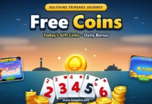 Solitaire TriPeaks Journey free coins cover with a gold spade coin rising over the sea, a 2 to 6 card fan, a pile of coins and the Surprise and Free Coins pop-ups