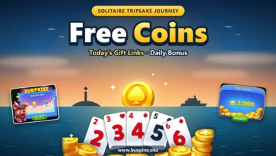 Solitaire TriPeaks Journey free coins cover with a gold spade coin rising over the sea, a 2 to 6 card fan, a pile of coins and the Surprise and Free Coins pop-ups
